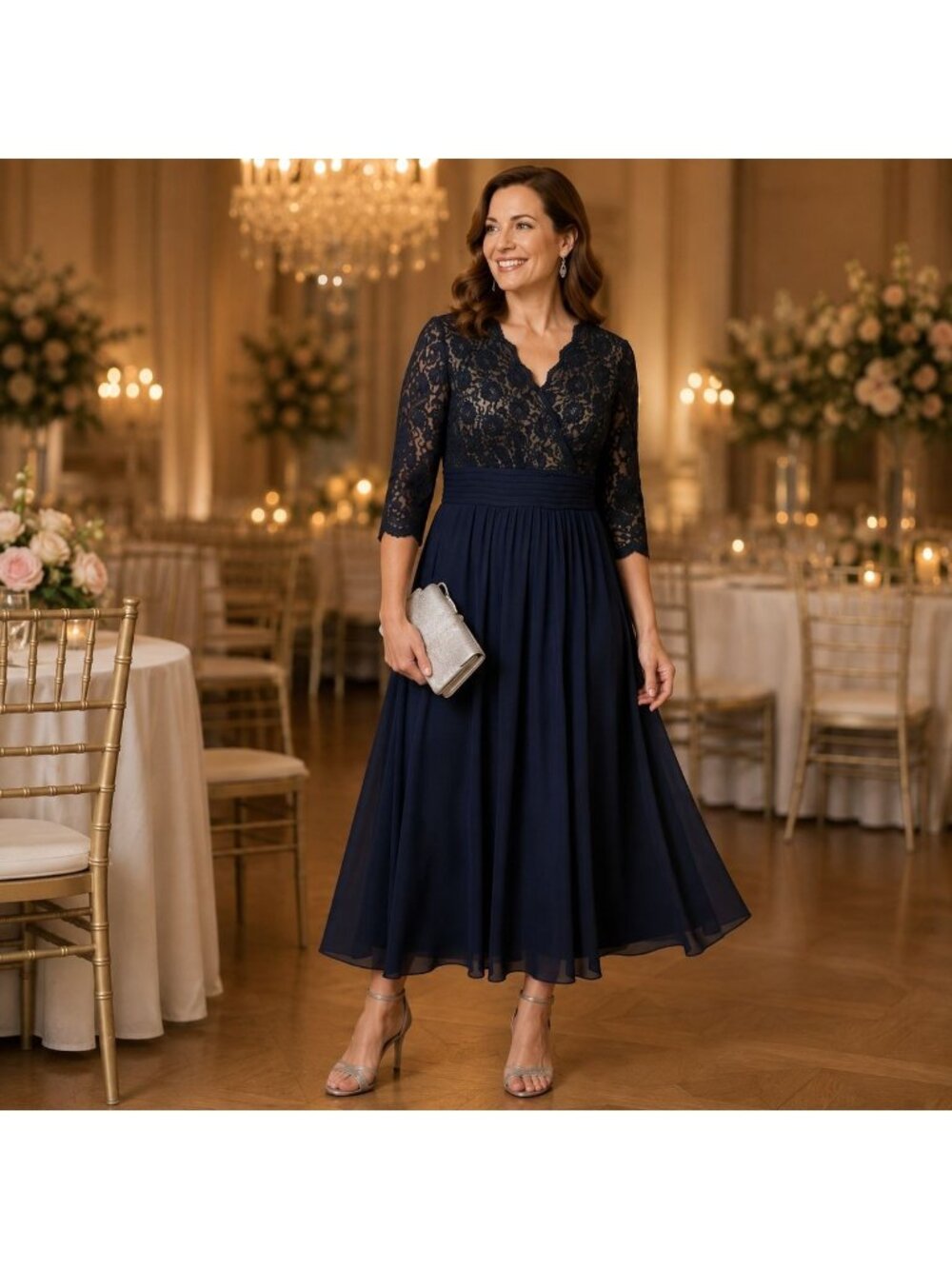Jessica Howard Dress 14 Navy Lace Chiffon Midi Wedding Guest Mother of the Bride